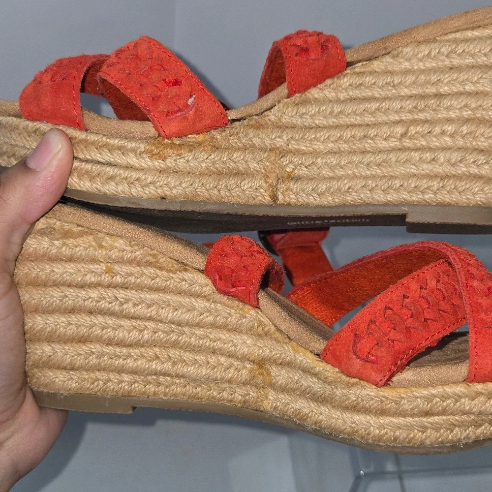 Minnetonka Red Suede Braided Espadrille Wedge Sandals Womens Size 7 Strappy Boho